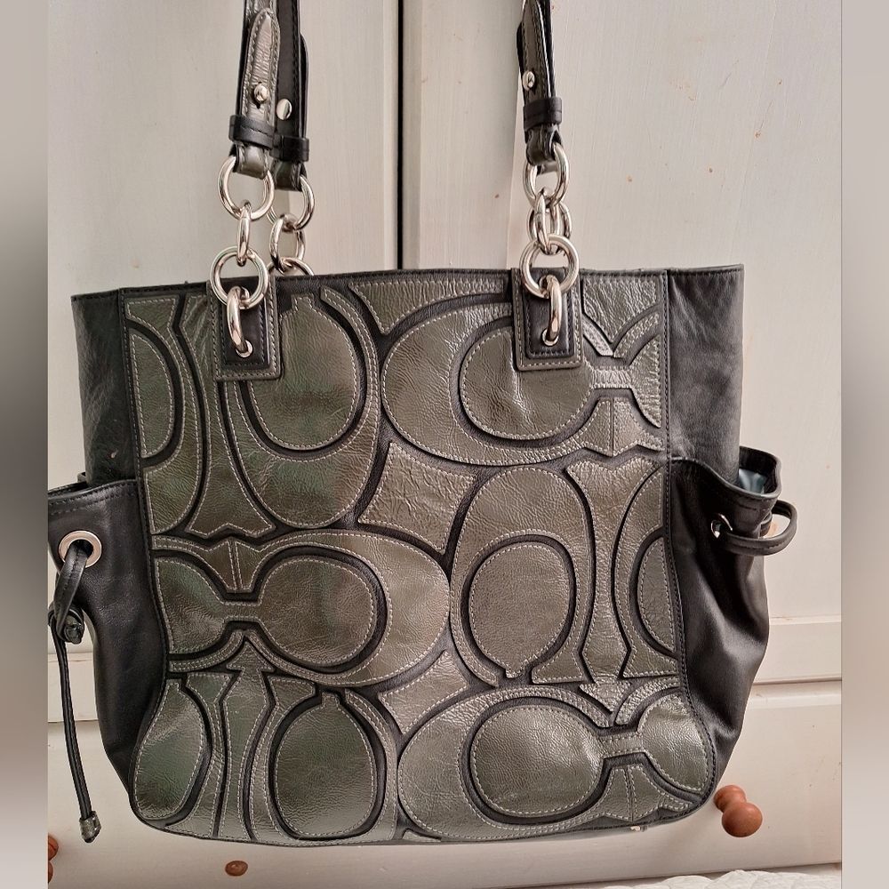 Coach Black and Gray Embossed C Patterned Tote - Picture 7 of 9
